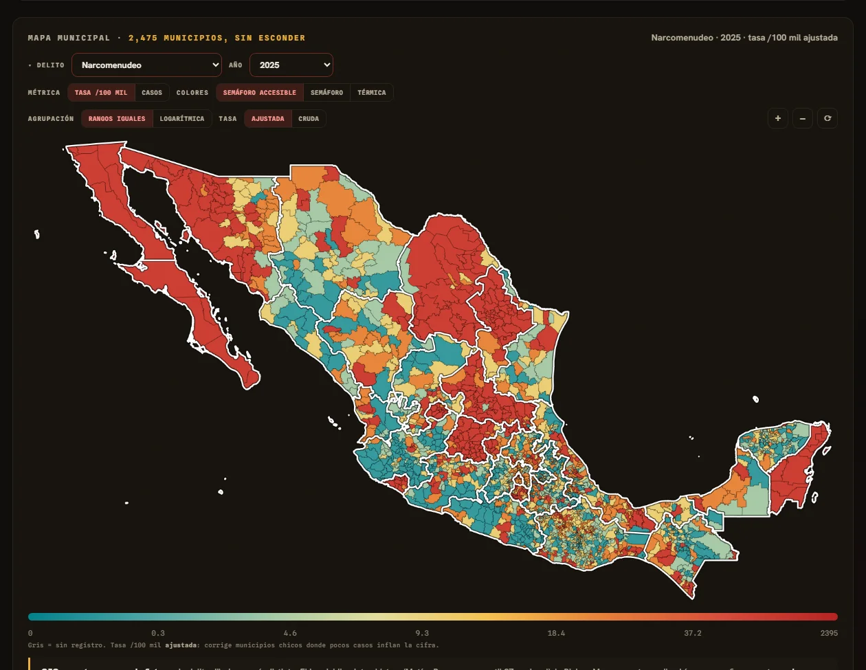 El mismo mapa con Narcomenudeo: otra geografía · la Riviera Maya se enciende