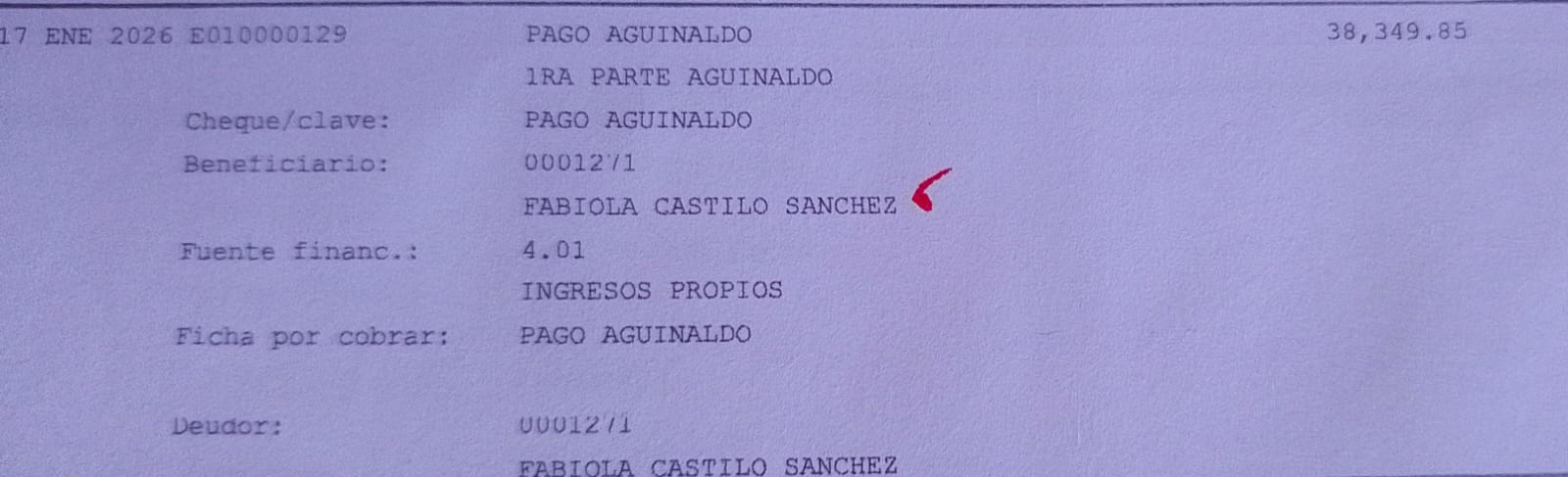 Registro del organismo operador de agua: pago por concepto de aguinaldo a nombre de Fabiola Castilo Sánchez, con cargo a 