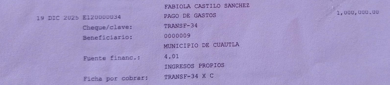 Transferencia por 1 millón de pesos con beneficiario Municipio de Cuautla; en el asiento figura el nombre de Fabiola Castilo Sánchez, con cargo a 