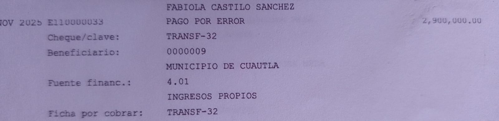 Transferencia por 2.9 millones de pesos bajo el concepto 