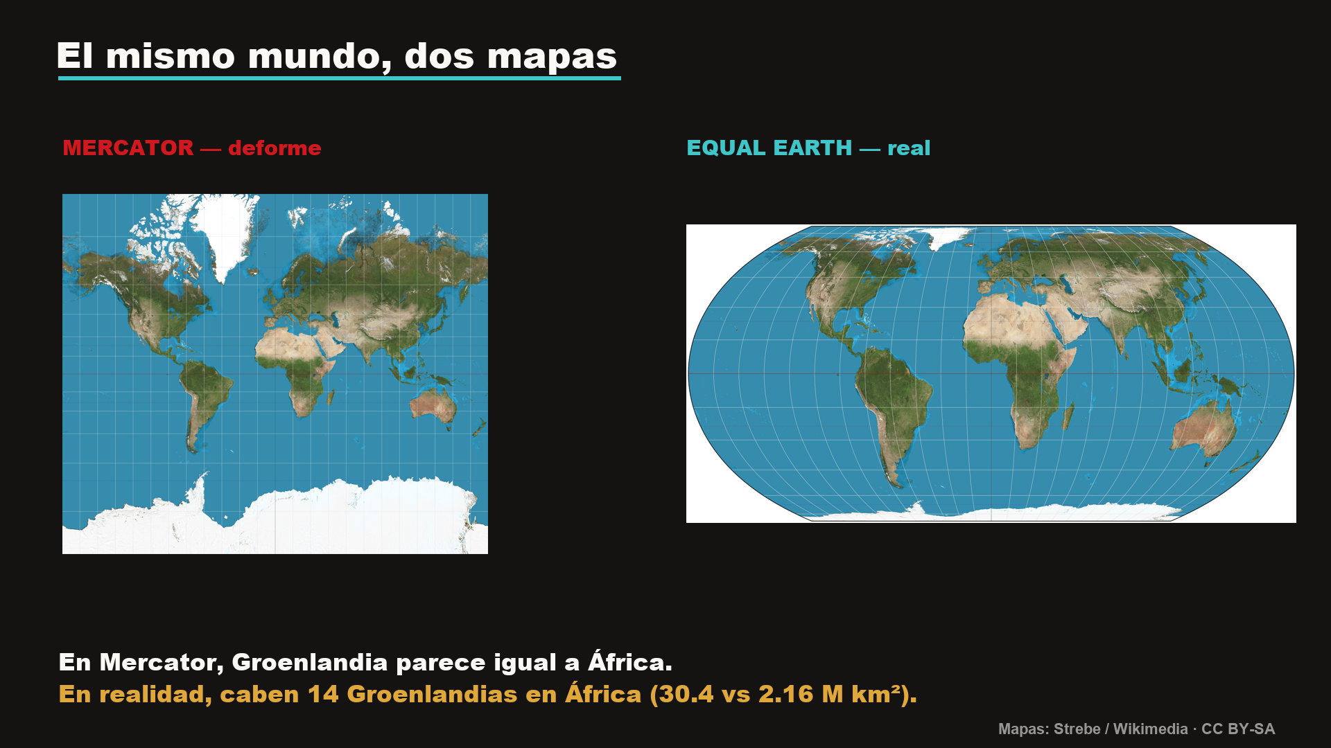 El mismo mundo en dos proyecciones: Mercator, que deforma los tamaños, frente a Equal Earth, que respeta las áreas reales.