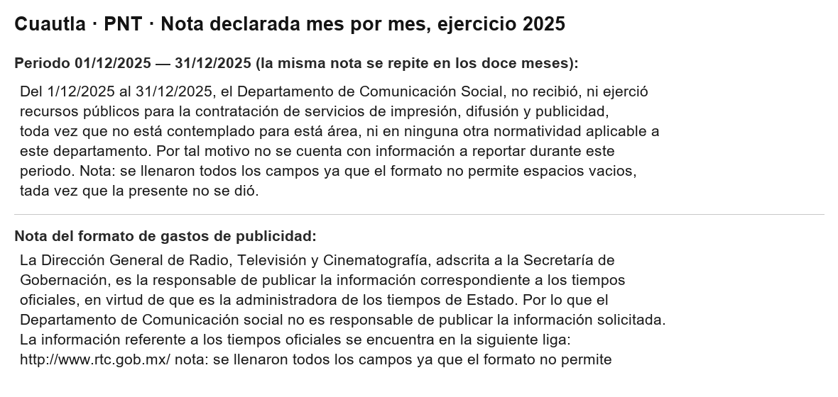 Nota que el Ayuntamiento de Cuautla declaró mes por mes en la Plataforma Nacional de Transparencia durante 2025: el Departamento de Comunicación Social no recibió ni ejerció recursos públicos para contratación de servicios de impresión, difusión y publicidad.