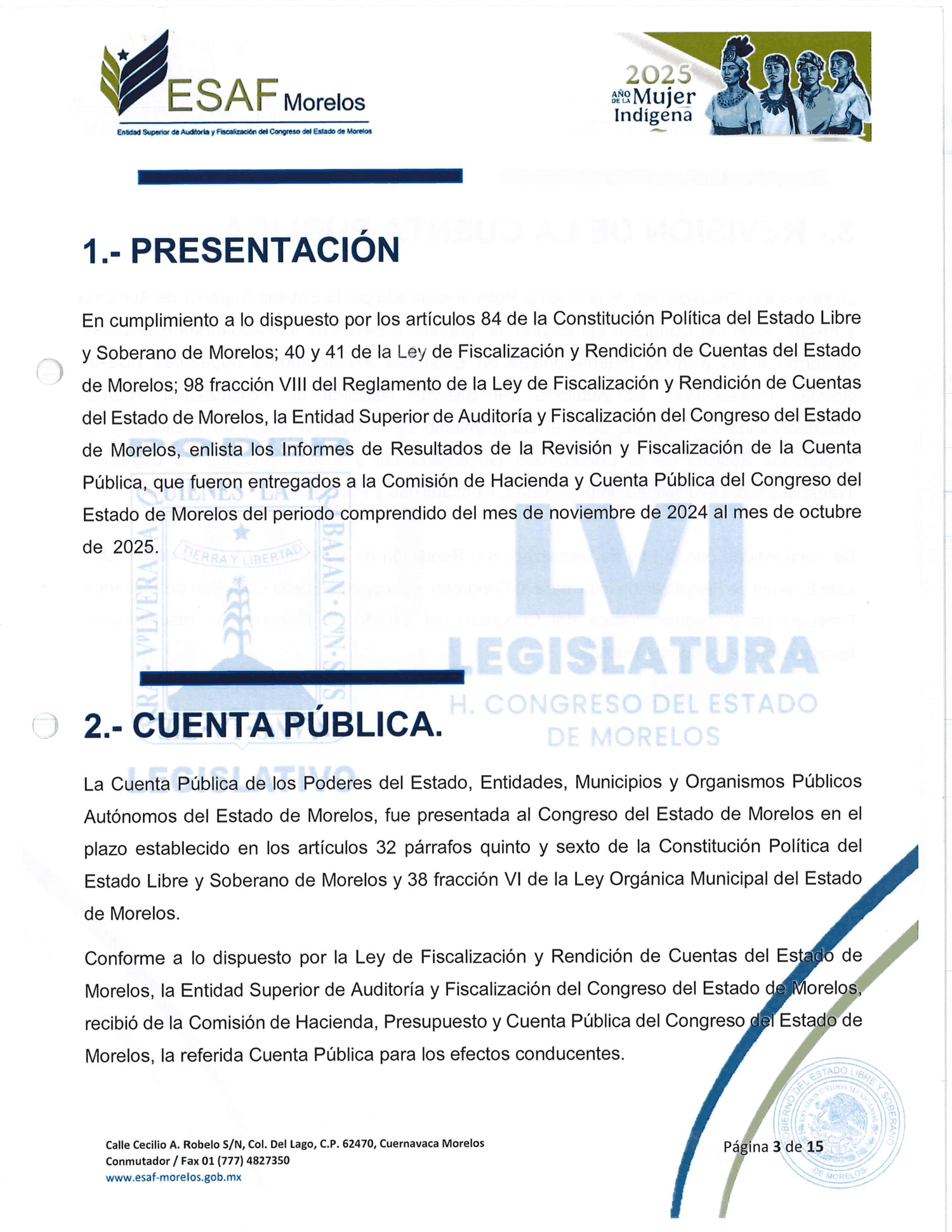 Página del Reporte de Informes de Resultados 2025 de la ESAF: listas de entes fiscalizados con su fecha de entrega, sin observaciones, sin procedimientos y sin sanciones.