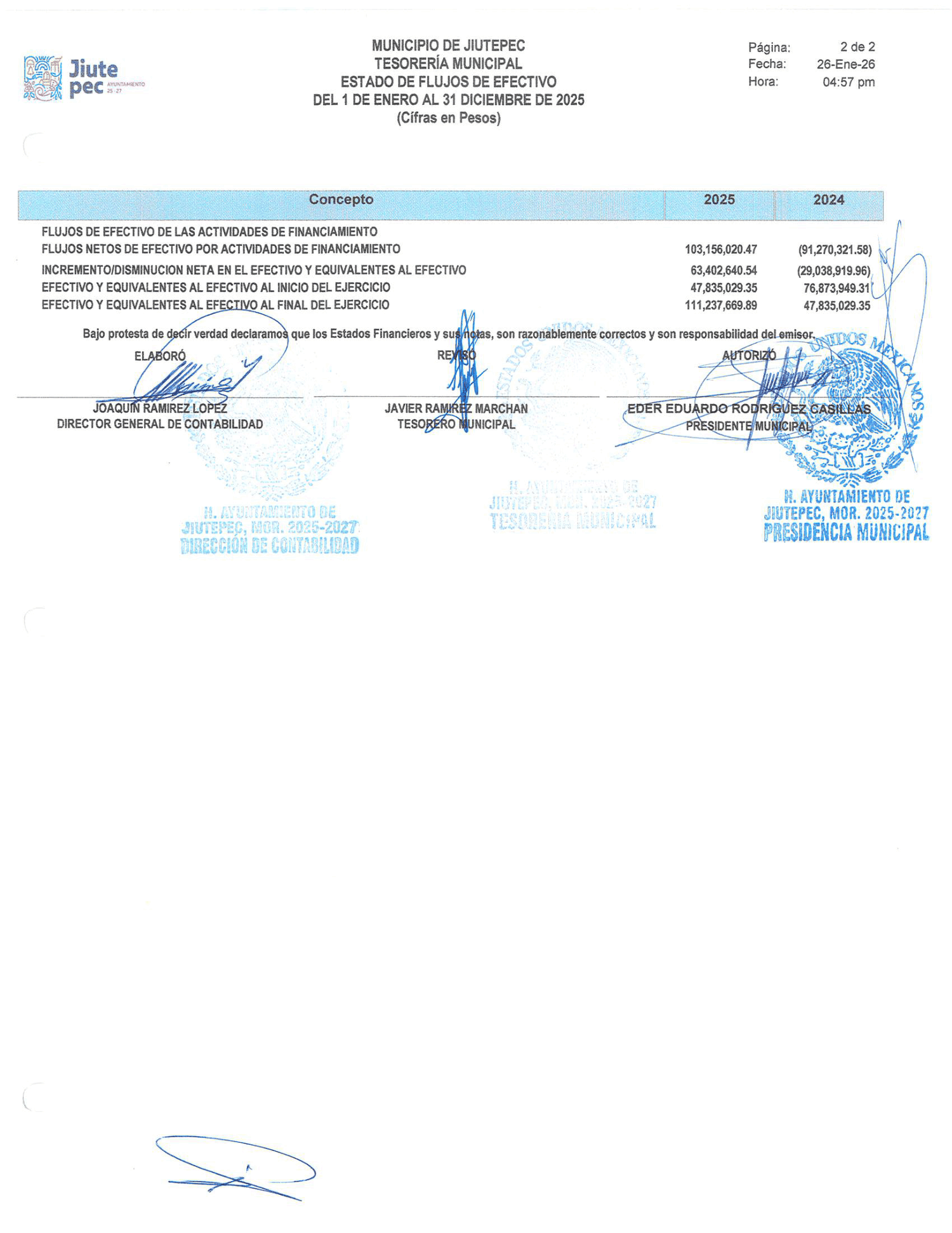 Estado de Flujos de Efectivo de Jiutepec: efectivo al final del ejercicio 2025 por 111 millones 237 mil pesos, firmado por el presidente municipal, el tesorero y el director de contabilidad.