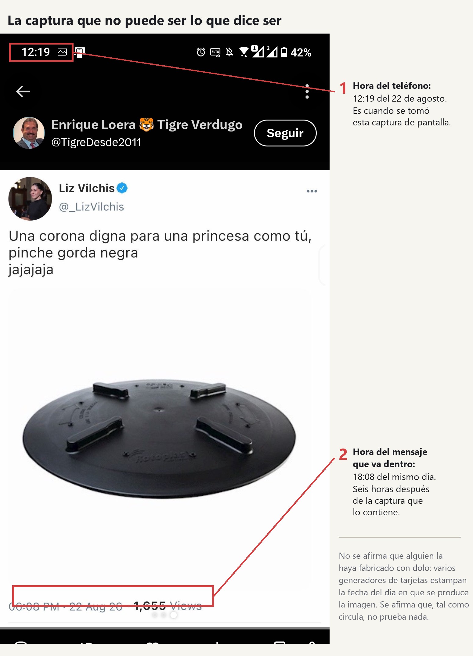 Las dos horas marcadas. El reloj del teléfono dice 12:19 del 22 de agosto, que es cuando se tomó la captura de pantalla. El mensaje que va dentro está fechado a las 18:08 del mismo día, seis horas después. No se afirma que alguien la haya fabricado con dolo: varios generadores de tarjetas estampan la fecha del día en que se produce la imagen.