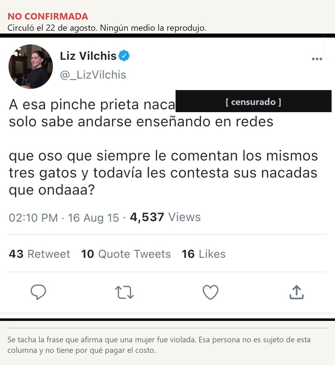 La imagen más compartida del paquete. Nadie la ha confirmado. La frase que afirma que una mujer fue violada va tachada porque esa persona no es sujeto de esta columna.