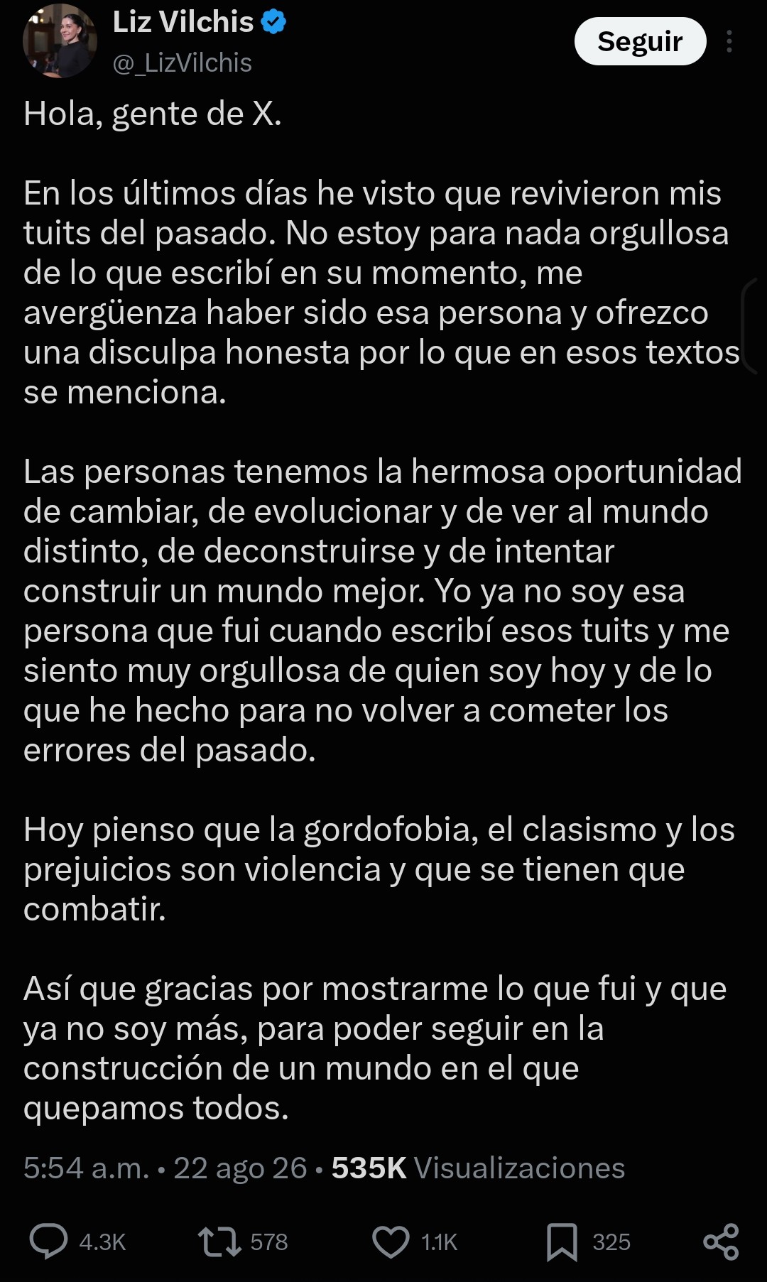 Mensaje publicado por Ana Elizabeth García Vilchis en su cuenta de X el 22 de agosto de 2026, a las 5:54 de la mañana, con 535 mil visualizaciones y 4,300 respuestas.