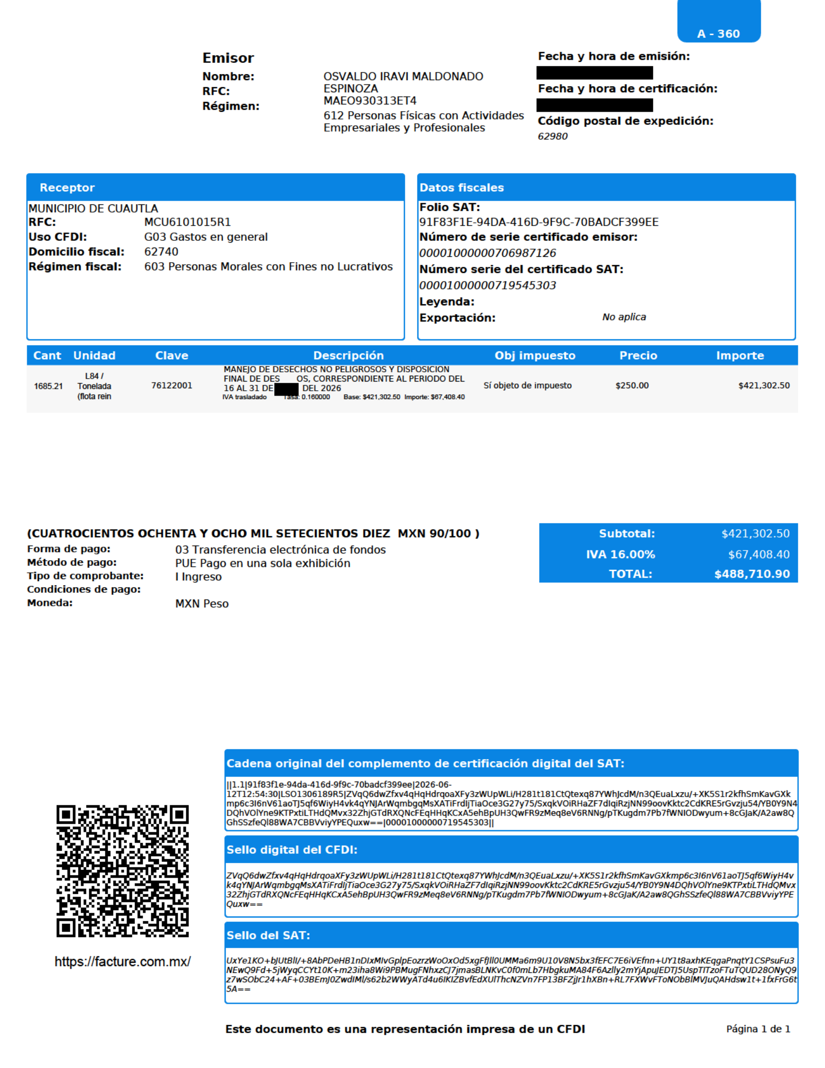 Comprobante fiscal digital (CFDI) pagado por el Municipio de Cuautla por la disposición final de la basura, a 250 pesos por tonelada. Lo emite una persona física, no la empresa que opera el relleno La Perseverancia.